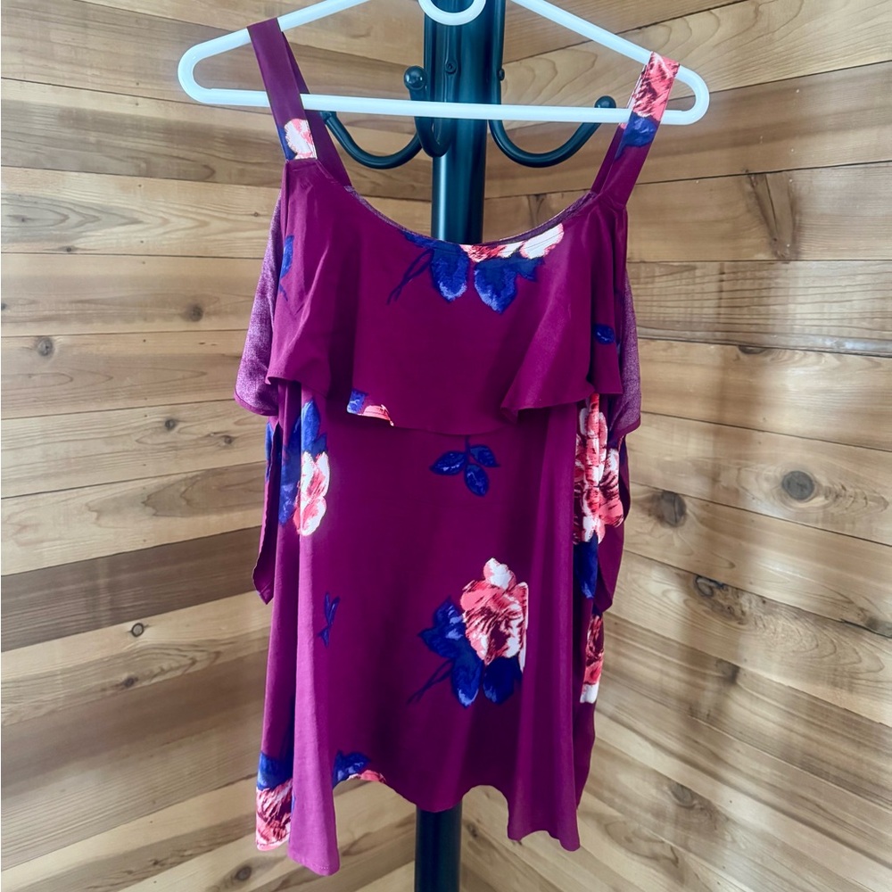 Floral Cold Shoulder Ruffle Top Burgundy Small Summer